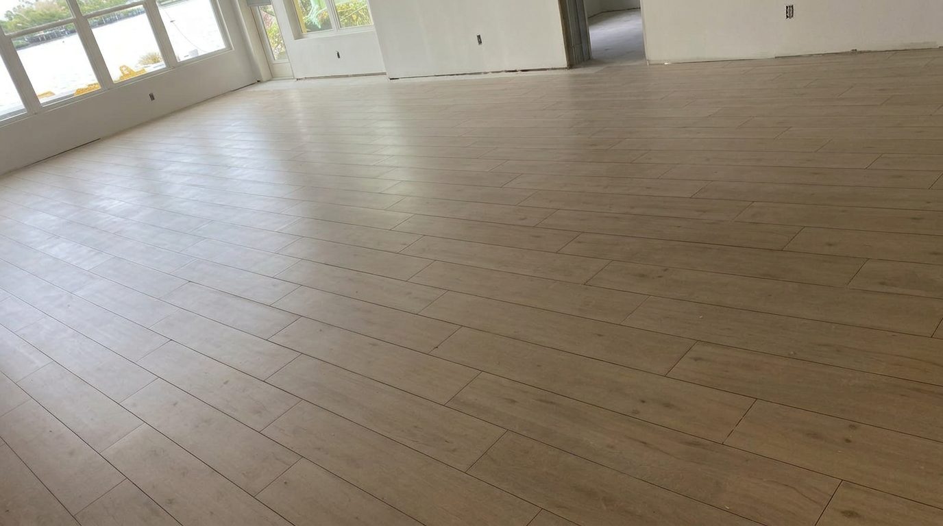 Close-up of light wood-look plank flooring